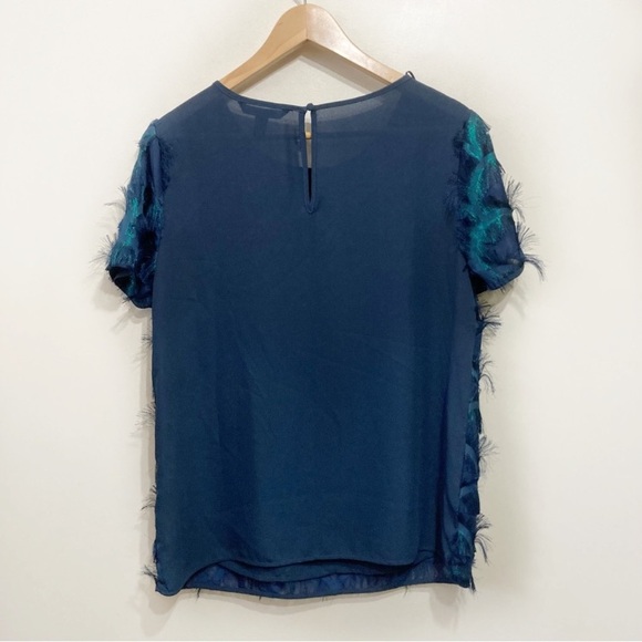 Long Tall Sally Peacock Shimmer Fringe Blouse Size 8 Teal Blue Art Deco Pattern - Picture 3 of 10